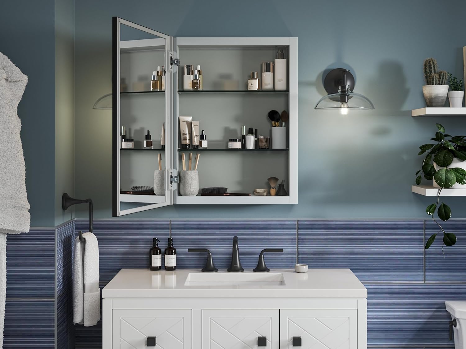 Kohler R39884-BLL Bathroom Medicine Cabinet with Mirror, Framed Mirrored Cabinet, Black Finish, 20 in. W x 26 in. H