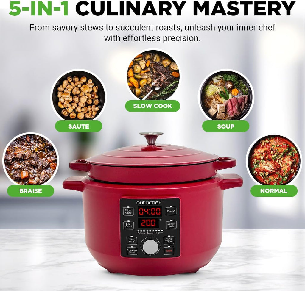 Nutrichef 6 Quart Electric Dutch Oven | 1500W 5-in-1 Enamel Coated Cast Iron Pot with Stainless Steel Lid | Precise Temperature Control | Includes 2 Silicone Pot Holders & Heat Resistant Pad | Red