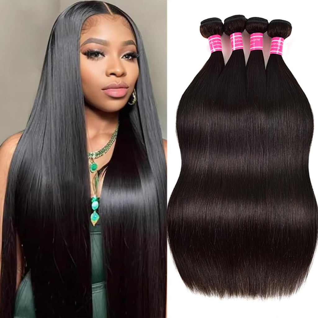 Straight Bundles Human Hair 22 24 26 28 Inch 4 Bundles Straight Hair 12A Double Weft 200% Density Hair Extensions for Women 100% Unprocessed Virgin Human Hair Weave Natural Color Black