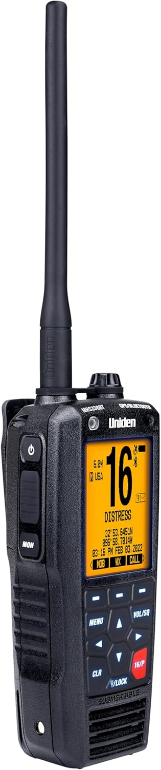 Uniden MHS338BT Floating, Handheld Marine VHF Radio, 6-Watts, GPS and Bluetooth, Submersible IPX8, Emergency Strobe & Flashlight, NOAA Weather Alerts, FM Radio, Chargeing Cradle & Li-ion Battery.