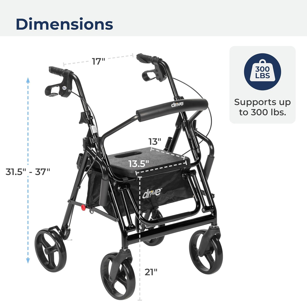 Drive Medical 795BK Duet Folding Transport Wheelchair and Rollator Walker, Black