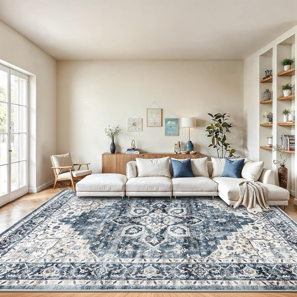 AMADA HOMEFURNISHING 9x12 Washable Area Rug, Low-Profile Large Area Rug with Non-Slip Backing & Durable Edge Binding, Vintage Large Rugs for Living Room, Bedroom & Dinning Room