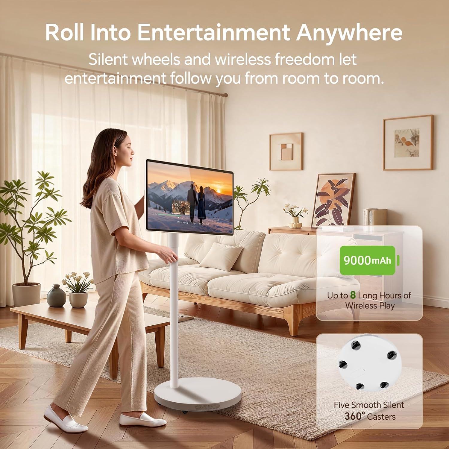 27" Portable TV with Hi-Fi Audio, 44W Quad Speakers & Subwoofer, Android 14 EDLA Touch Screen Monitor, 8GB+128GB, Built-in 8H Battery, 5MP Privacy Camera, Voice Remote Control