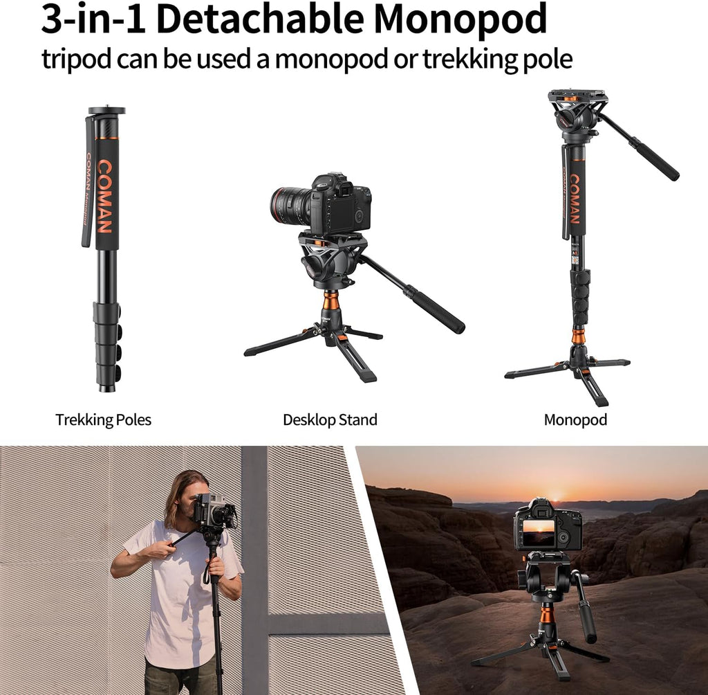 Monopod for Camera, COMAN Camera Monopod with Feet Q6 Fluid Head with Tripod Stand 71.25 inch Max Load 22 Lbs for Photography, Cameras, Canon, Nikon, Sony, DSLR, Video Camcorder