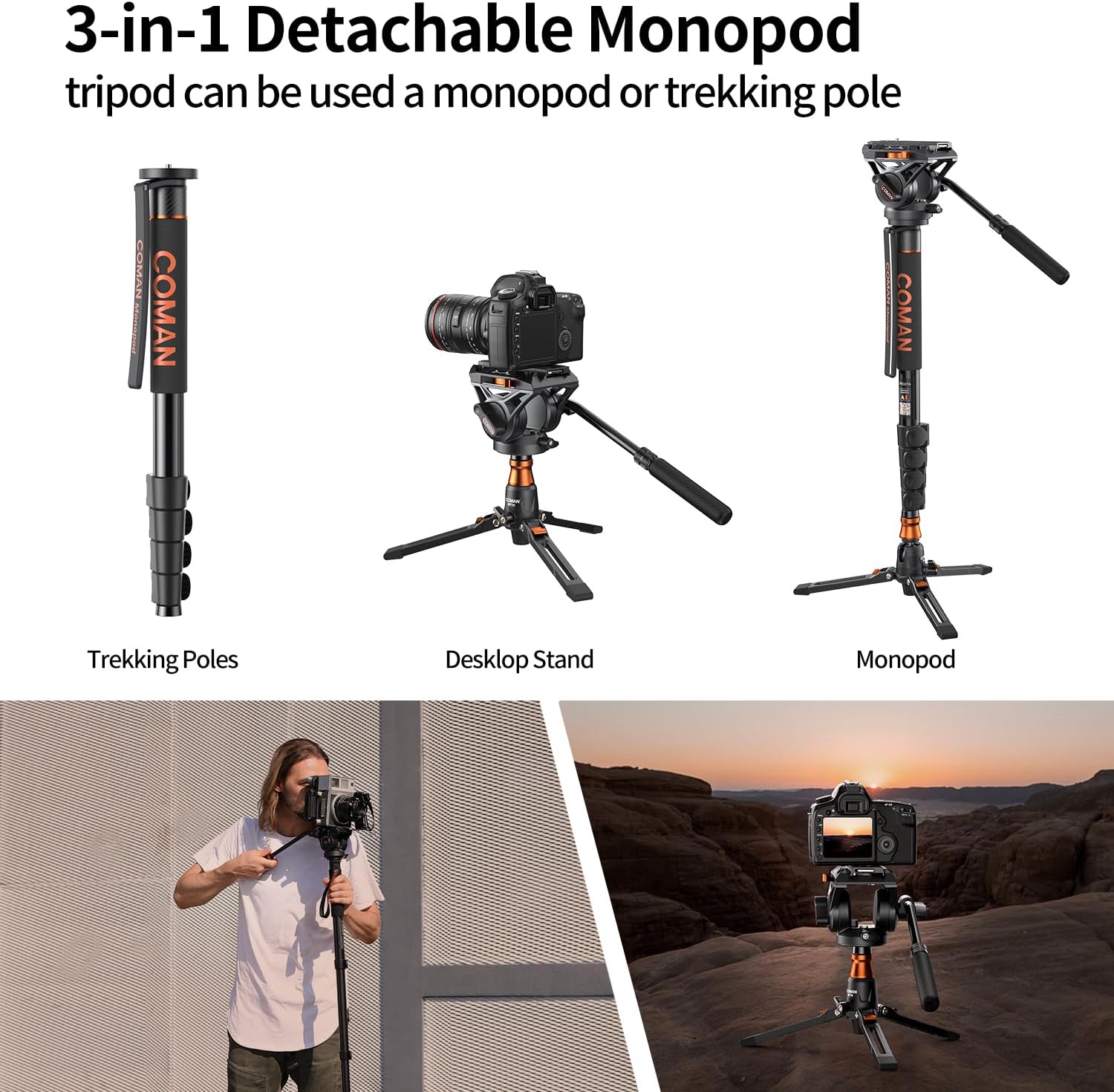 Monopod for Camera, COMAN Camera Monopod with Feet Q6 Fluid Head with Tripod Stand 71.25 inch Max Load 22 Lbs for Photography, Cameras, Canon, Nikon, Sony, DSLR, Video Camcorder