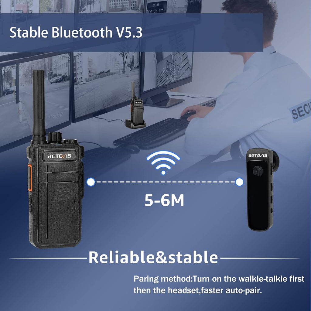 Retevis RB37 Bluetooth Walkie Talkies, Bluetooth Two Way Radio with Wireless Earpiece, Flashlight, 2000 mAh&120h Standby, Type-C, 9-Level VOX&Squelch, for School Hospital Retail Manufacture (4 Pack)