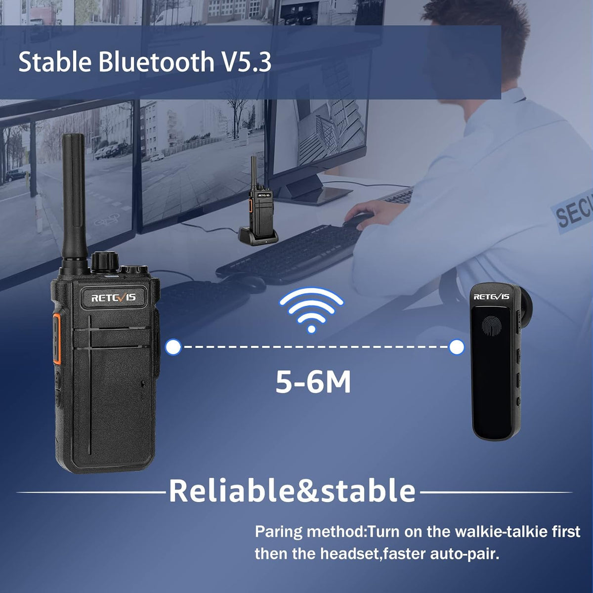 Retevis RB37 Bluetooth Walkie Talkies, Bluetooth Two Way Radio with Wireless Earpiece, Flashlight, 2000 mAh&120h Standby, Type-C, 9-Level VOX&Squelch, for School Hospital Retail Manufacture (4 Pack)