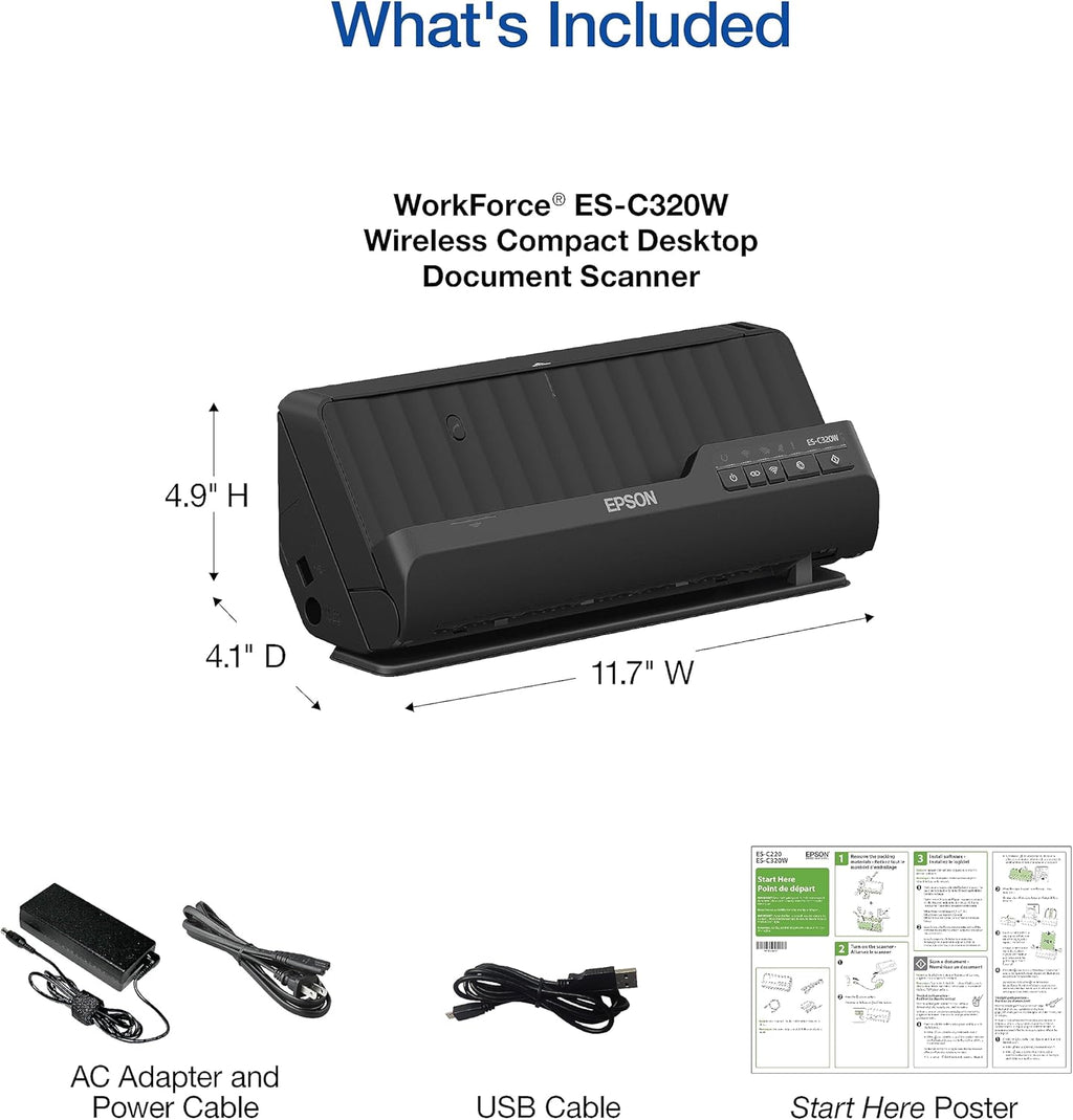 Epson Workforce ES-C320W - Wireless Compact Desktop Document Scanner - 2-Sided Scanning Auto Doc Feeder - Can Scan Paper and Cards - Black