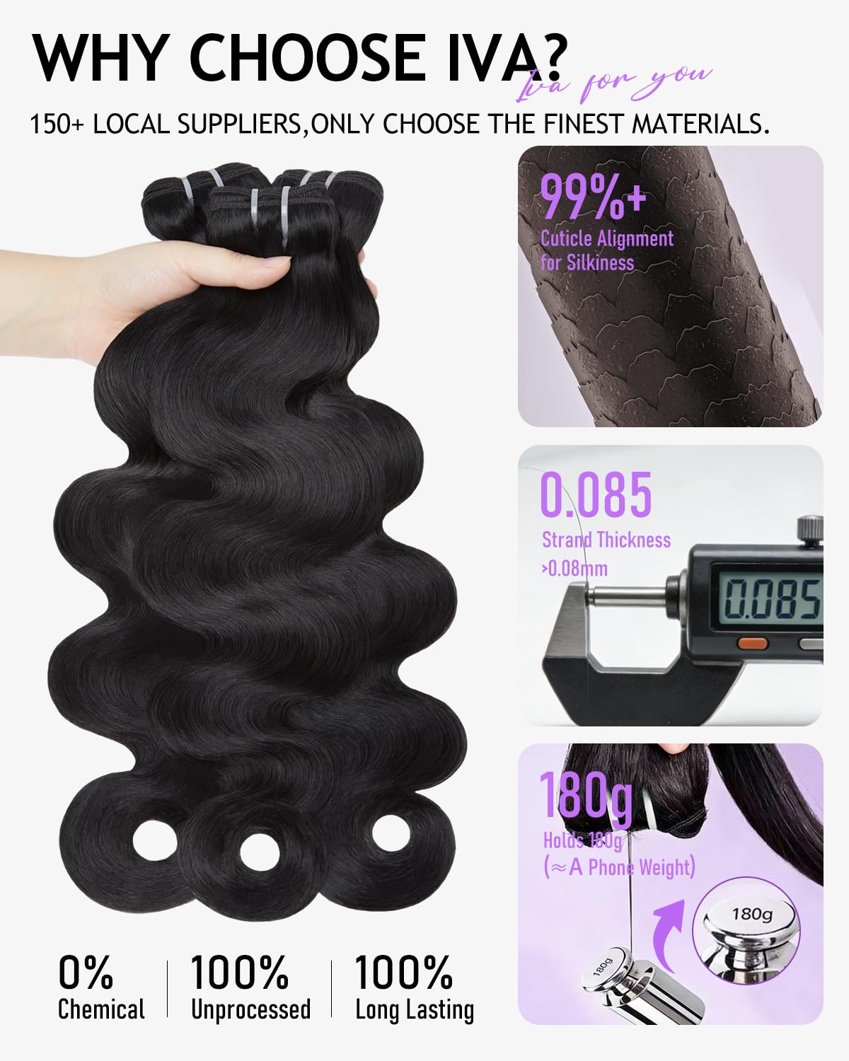 IVA 16A Body Wave Bundles Human Hair, 100% Raw Human Hair Bundles 20 22 24 Inch, Triple Lifespan, No Tangle No Shedding, Repeated Washes Maintain Silky Texture