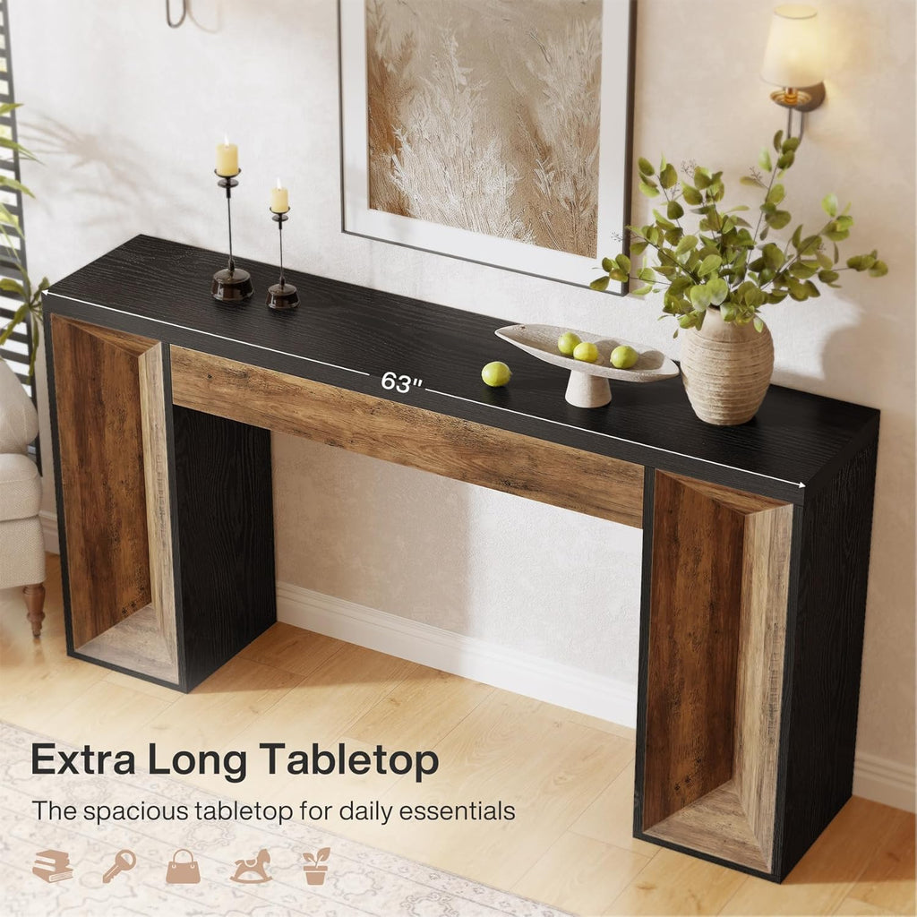 Tribesigns 63-Inch Console Table, Farmhouse Entryway Table with Dual-Tone Design, Rectangular Wood Sofa Table Behind The Couch, Narrow Accent Table for Hallway, Living Room, Foyer, Black and Brown