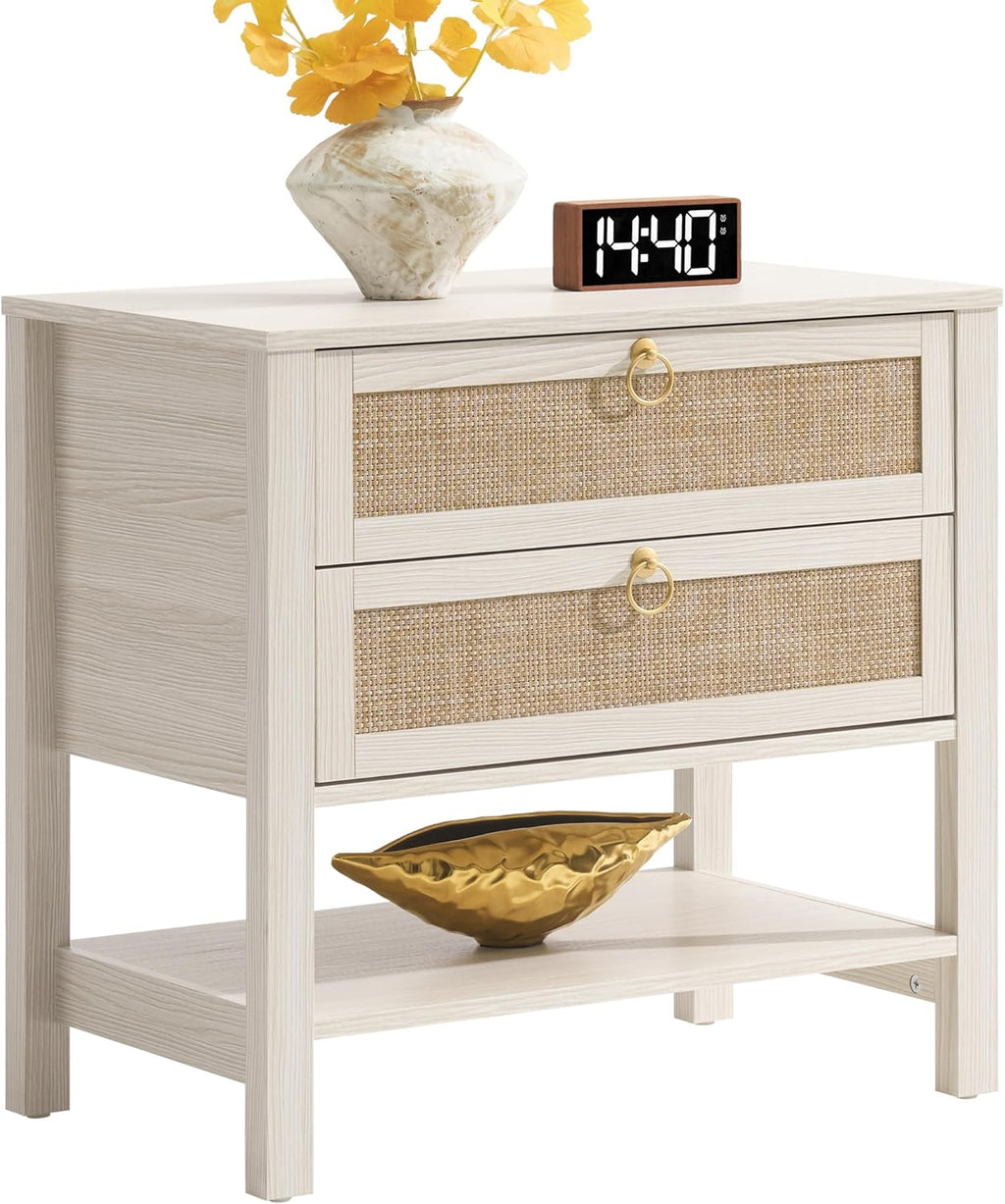 SICOTAS 26.7" Wide Boho Rattan Nightstand, White Oak Bedside Table with 2 Drawers & Open Shelf, Large Side Table for King Size Bed, Modern Coastal Accent Table for Bedroom