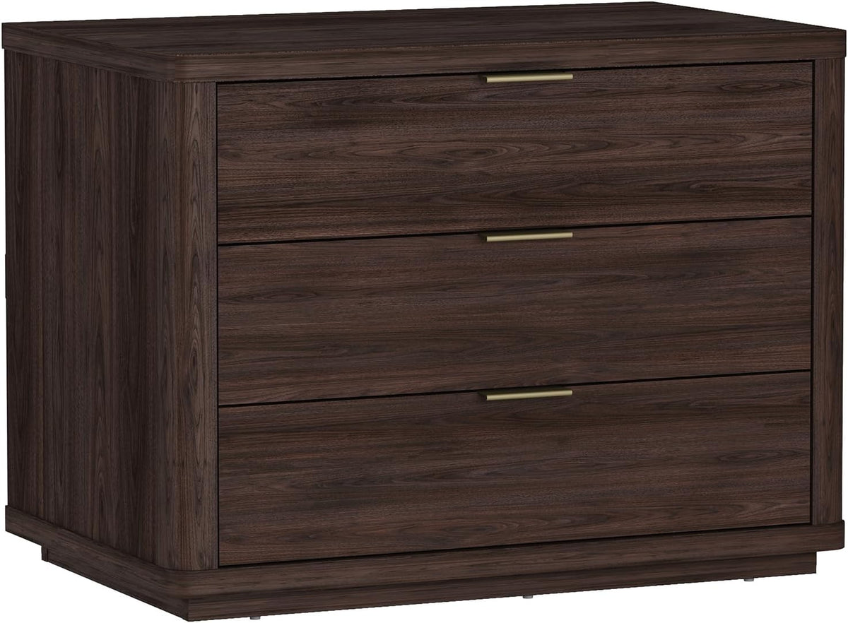 Manhattan Comfort Evelyn Nightstand with 3 Drawers, Minimalist Wood Grain Bedside Table with Rounded Corners and Raised Base, Modern End Table for Bedroom, Entryway, or Living Room in Brown