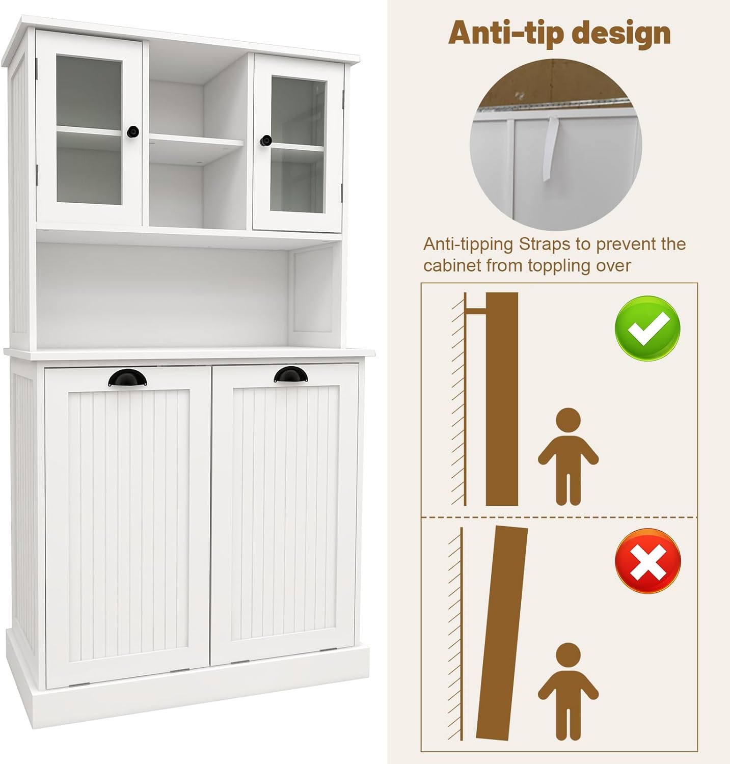 Tilt-Out Laundry Hamper Cabinet with Glass Doors – 60” Tall Bathroom Storage Organizer, 2 Pull-Out Baskets, Adjustable Shelves, Fits Bathroom & Balcony (White)