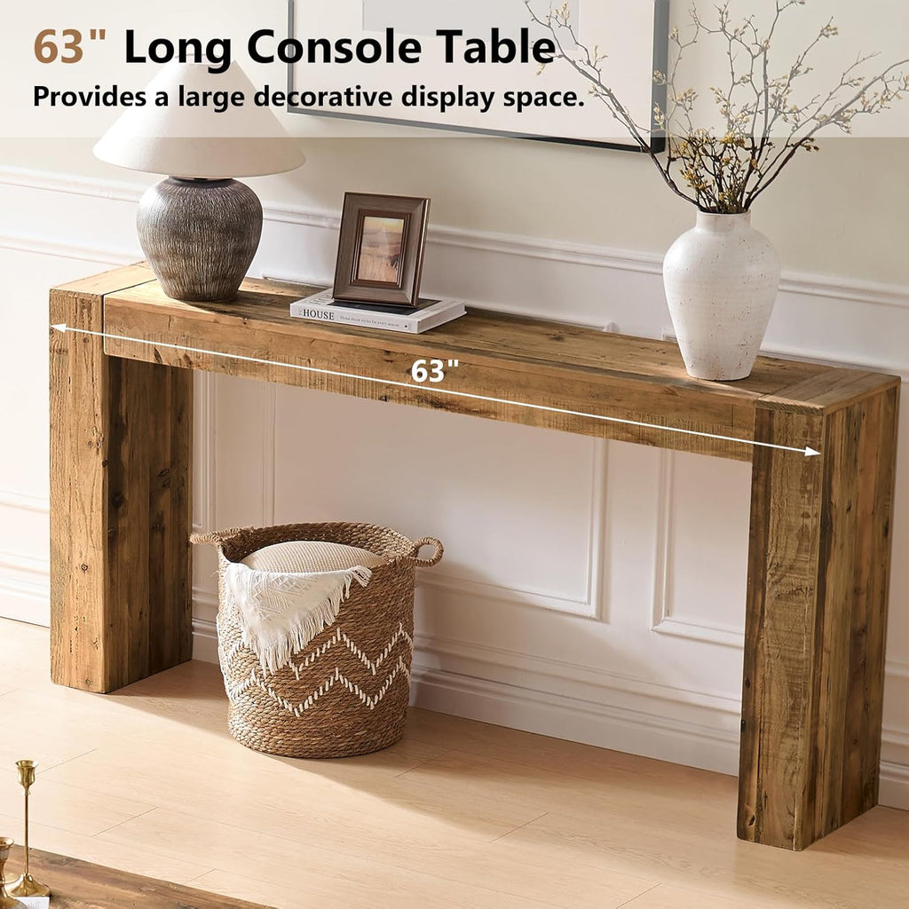 Reclaimed Solid Wood Console Table for Entryway, 63" Long Rectangular Sofa Table Behind Couch, Modern Farmhouse Hallway Entry Table for Living Room, Hallway, Foyer, 10 Mins Easy Assembly