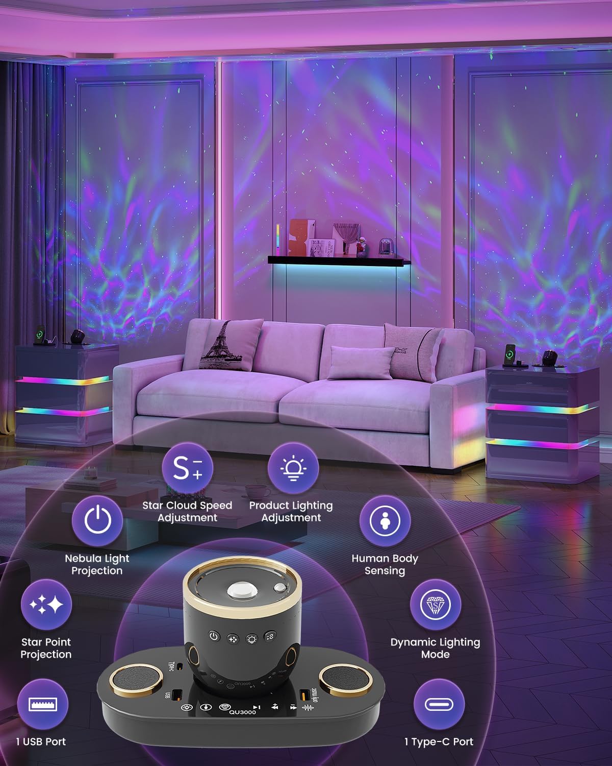 Dystler Night Stand with Charging Station and RGB Lights, Fully Assembled LED Nightstand with Galaxy Projector, 3 Drawers Bedside Table with Hidden Storage for Bedroom (Gray)