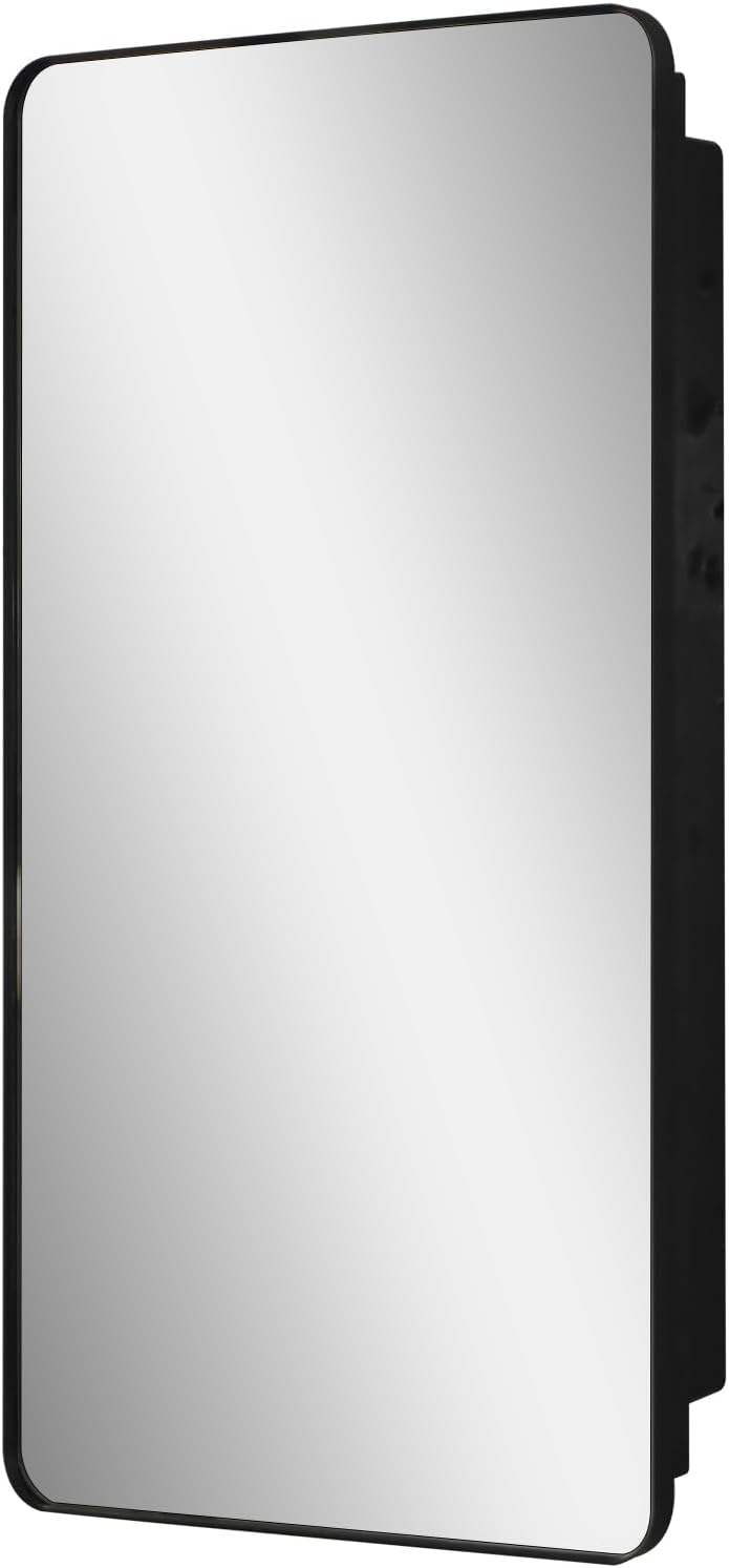 Fundin Black Plastic Medicine Cabinet, Mirror Door with Round Corner Metal Frame, Recessed and Surface Mount Bathroom Wall Medicine Cabinet, 16 x 28 inch Mirror Size