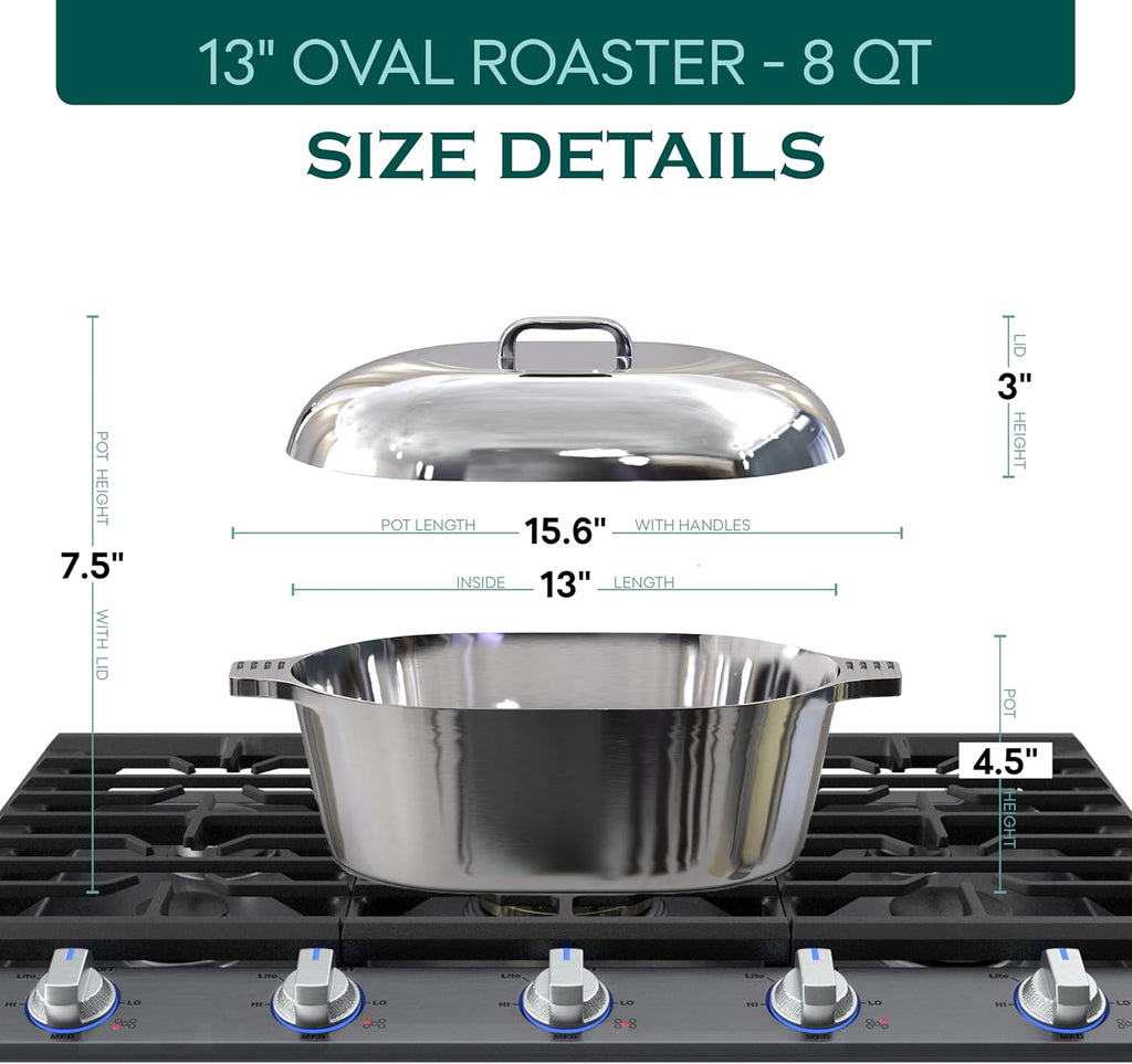 MAGNAWARE Cast Aluminum Oval Dutch Oven with Lid — 8 QT Heavy Duty Roaster Pan with Rack & Silicone Cover Dual Handles — Cajun Cookware for Roasting, Baking, Cooking (13" Medium)