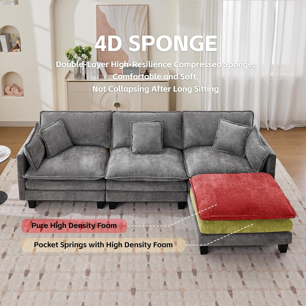 Opiesit Modular Sectional Sofa with Movable Ottoman, 110" 4-Seat Modern Couches for Living Room, Comfy L Shaped Couch Set with Deep Seat for Office and Apartment, Grey Chenille Fabric