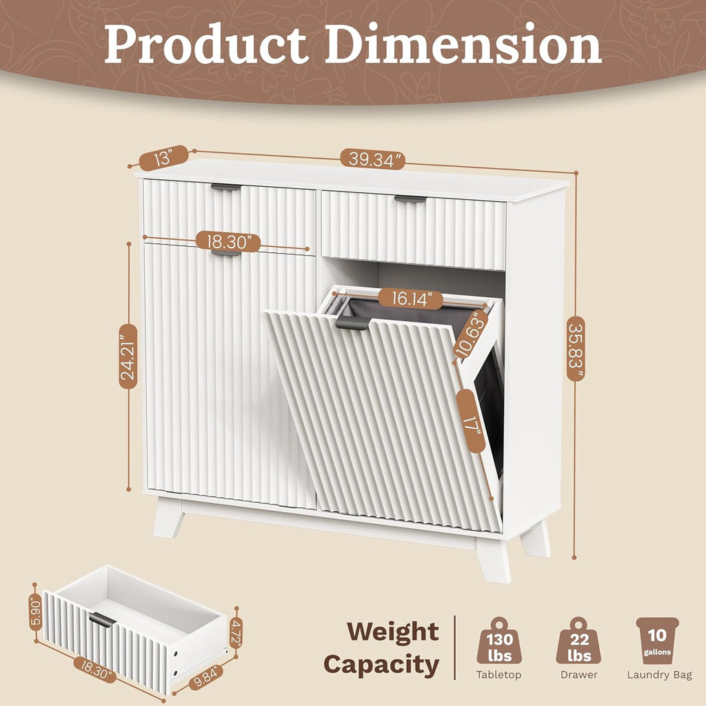 Double Tilt Out Laundry Hamper Cabinet, 20 Gallon Wooden Trash Can Cabinet with Drawers, Hidden Fluted Bathroom Storage Cabinet for Kitchen, Living Room (White, 39.34" W x 35.83" H x 13" D)