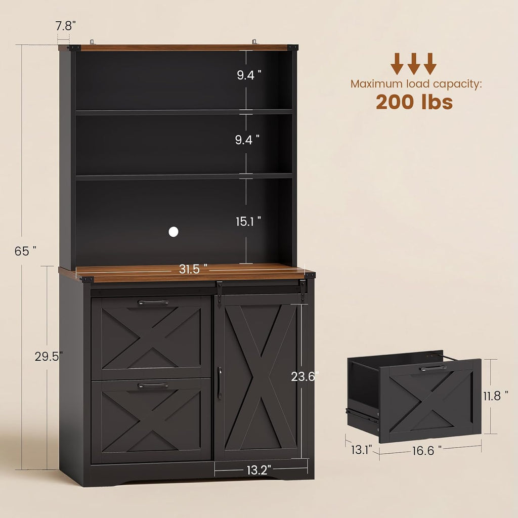 SEDETA 2 Drawer Filing Cabinet, Farmhouse File Cabinet for Home Office fits Legal/Letter/A4 File, Office File Cabinets with Printer Stand, Sliding Bar Door and Storage Bookshelf, Black + Brown