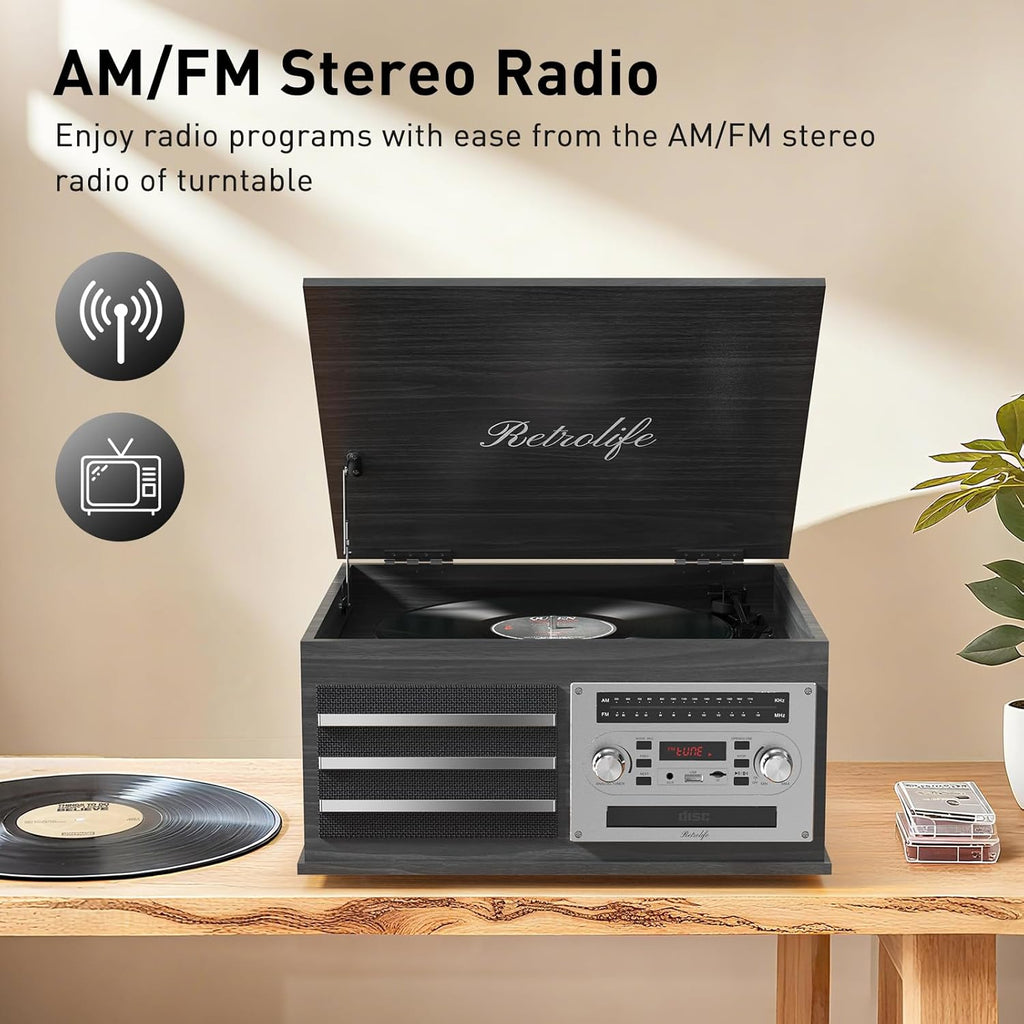 Vinyl Record Player 10-in-1 Music Center Turntable Built-in Speakers Support 3 Speed BT Wireless Input/Output AM/FM Radio CD Tape Cassette Player Aux RCA Auto Stop Vinyl Recording to USB/TF Card Black