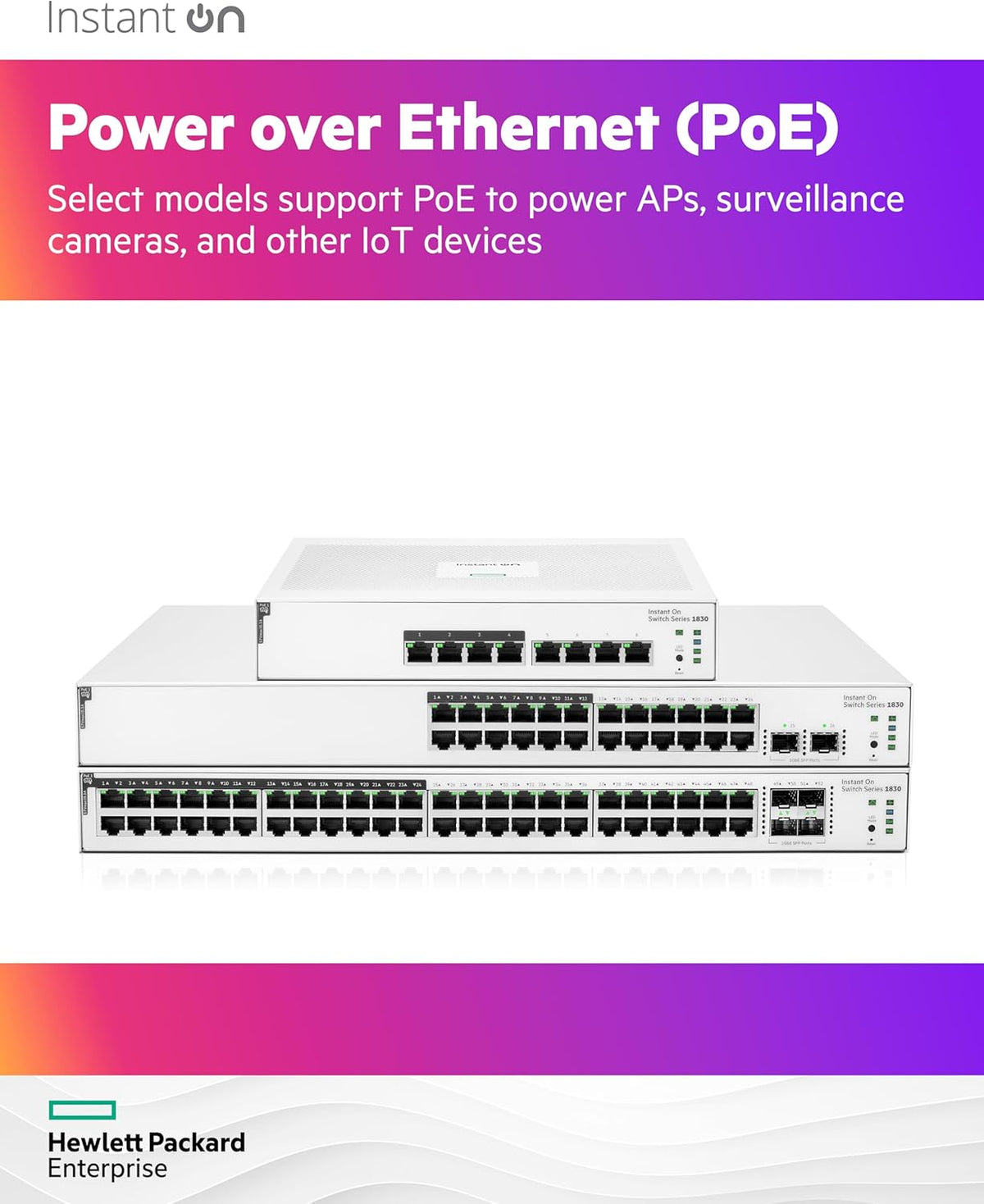 HPE Networking Instant On Switch Series 1830 48-Port Gb Smart-Managed Layer 2 Ethernet Switch with PoE | 48x 1G | 4X SFP | 24x CL4 PoE (370W) | Fan-Less | US Cord (JL815A#ABA)