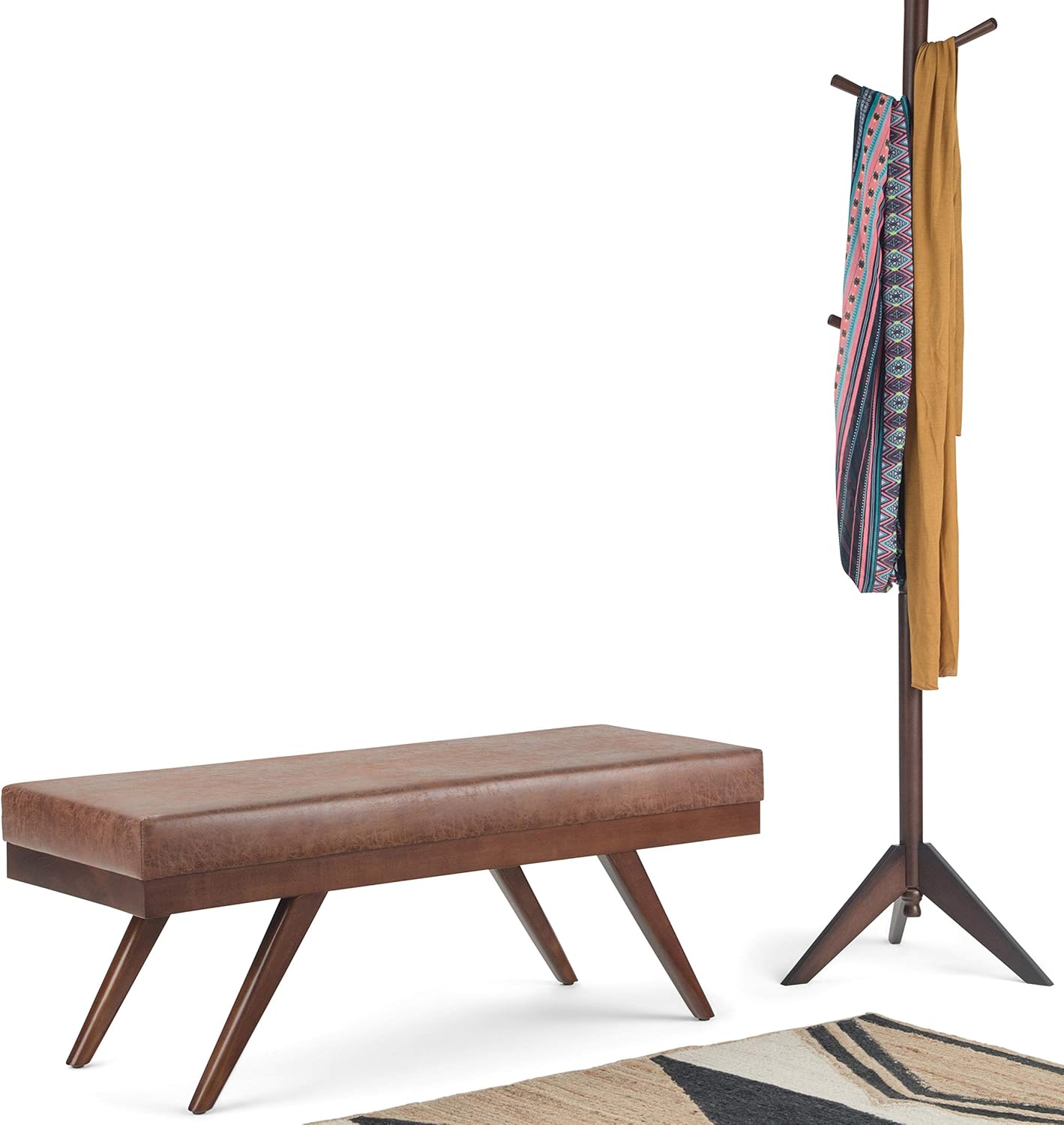 SIMPLIHOME Chanelle Ottoman Bench - 48 inch Wide Upholstered Vegan Leather Rectangle Ottoman in Distressed Umber Brown, Mid Century Modern Bench for Bedroom with Flared Tapered Legs, Assembled