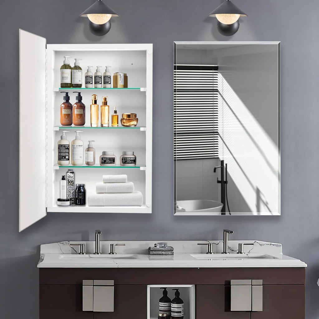 Bathroom Medicine Cabinet with 16x26 in Rectangular Beveled Frameless Mirror,Wall Mounted Mirror Cabinet for Bathroom Toilet Kitchen,Recess or Surface Mount,Already Assembly