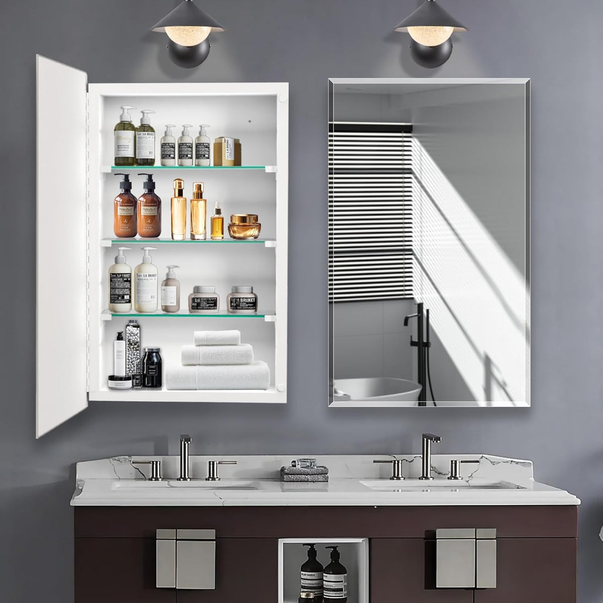 Bathroom Medicine Cabinet with 16x26 in Rectangular Beveled Frameless Mirror,Wall Mounted Mirror Cabinet for Bathroom Toilet Kitchen,Recess or Surface Mount,Already Assembly