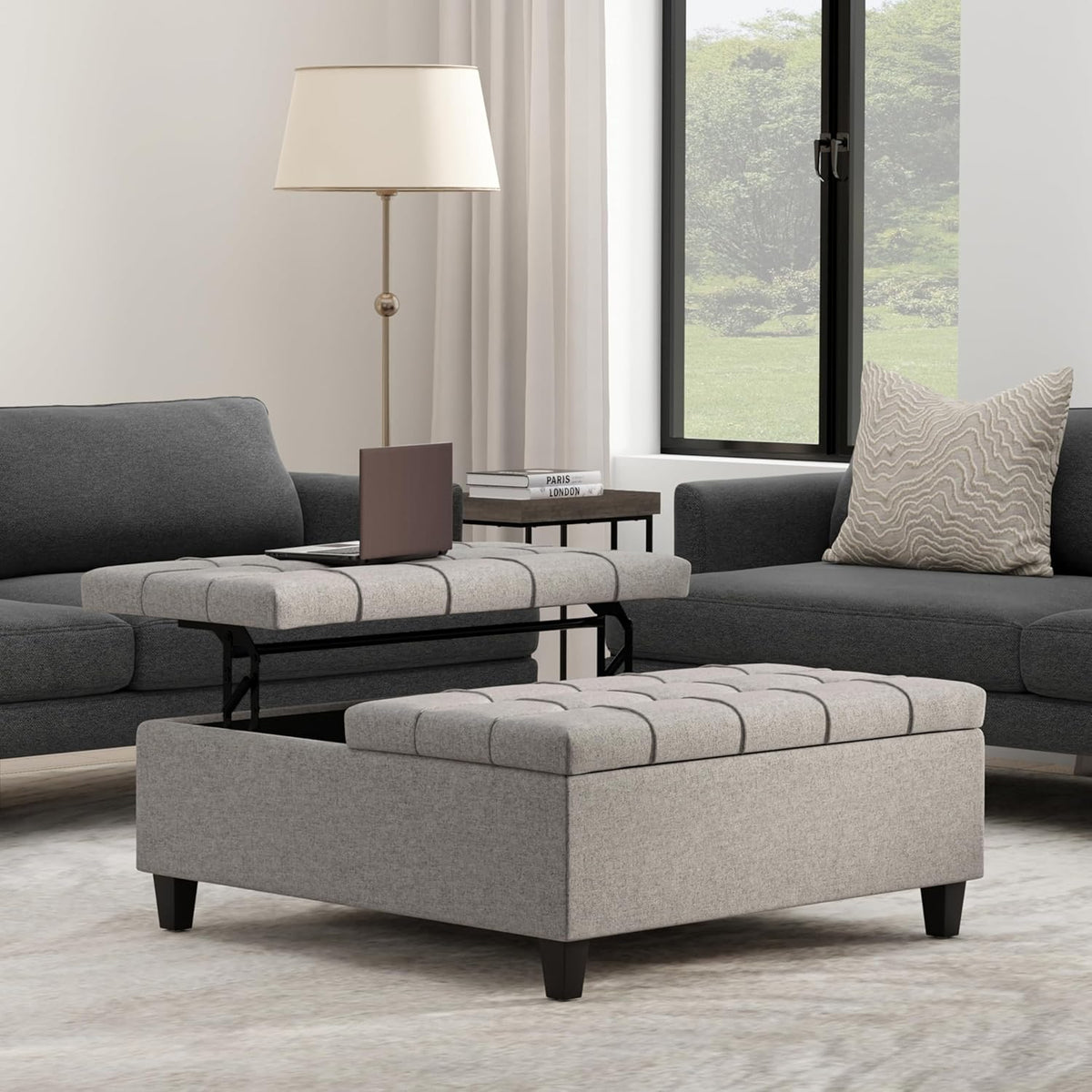 SIMPLIHOME Harrison Large Coffee Table Storage Ottoman - 40 inch Wide Upholstered Linen Look Fabric Square Lift-Top Ottoman in Cloud Grey, Transitional Bench for Living Room with Sturdy Base
