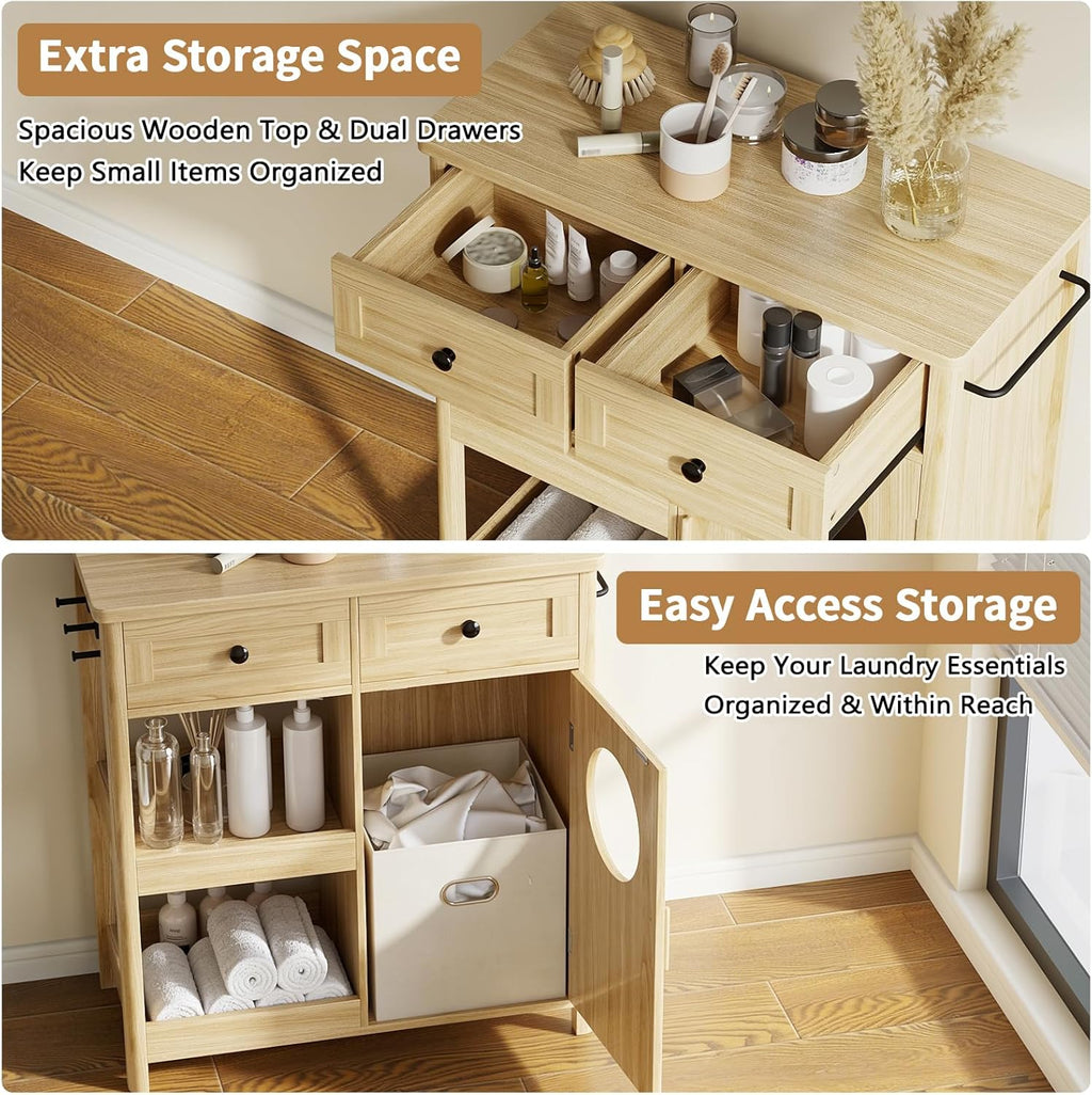 Laundry Hamper Cabinet, Hidden Laundry Storage Cabinet with 2 Drawers & Shelves, Removable Baskets Laundry Hamper with Clothes-Toss Hole for Bathroom, Bedroom, Living Room,Oak