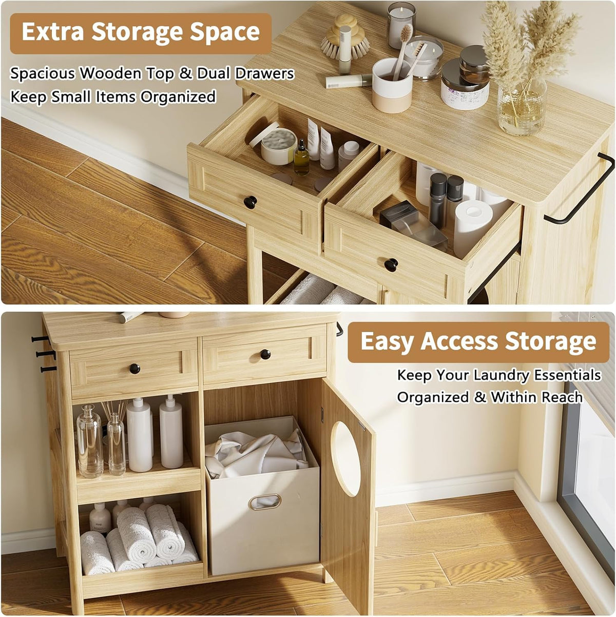 Laundry Hamper Cabinet, Hidden Laundry Storage Cabinet with 2 Drawers & Shelves, Removable Baskets Laundry Hamper with Clothes-Toss Hole for Bathroom, Bedroom, Living Room,Oak