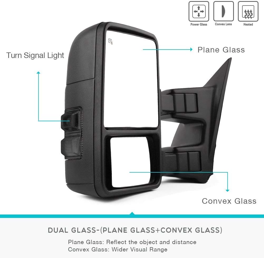 YITAMOTOR Towing Mirrors Compatible for 99-07 Ford F250/F350/F450/F550 Super Duty, 01-05 Excursion Pair Set Extendable Smoke Power Heated with Signal Light Side Mirrors
