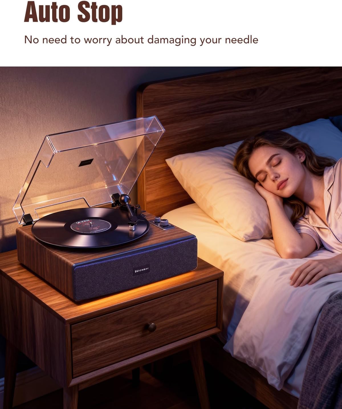 Udreamer Vinyl Record Player with Bluetooth Input, All-in-One Turntable with Built-in Speakers, AT-3600L Cartridge, Belt Drive 33/45 RPM, Auto Stop, Adjustable Lighting