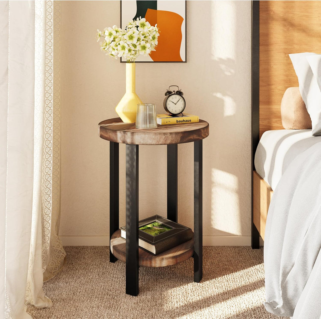 Alaterre Furniture Pomona Living Room Set of 2 Solid Wood Small Round End Tables with Shelf and Metal Legs – 2-Tier Modern Rustic Side Table or Nightstand (Rustic Brown)