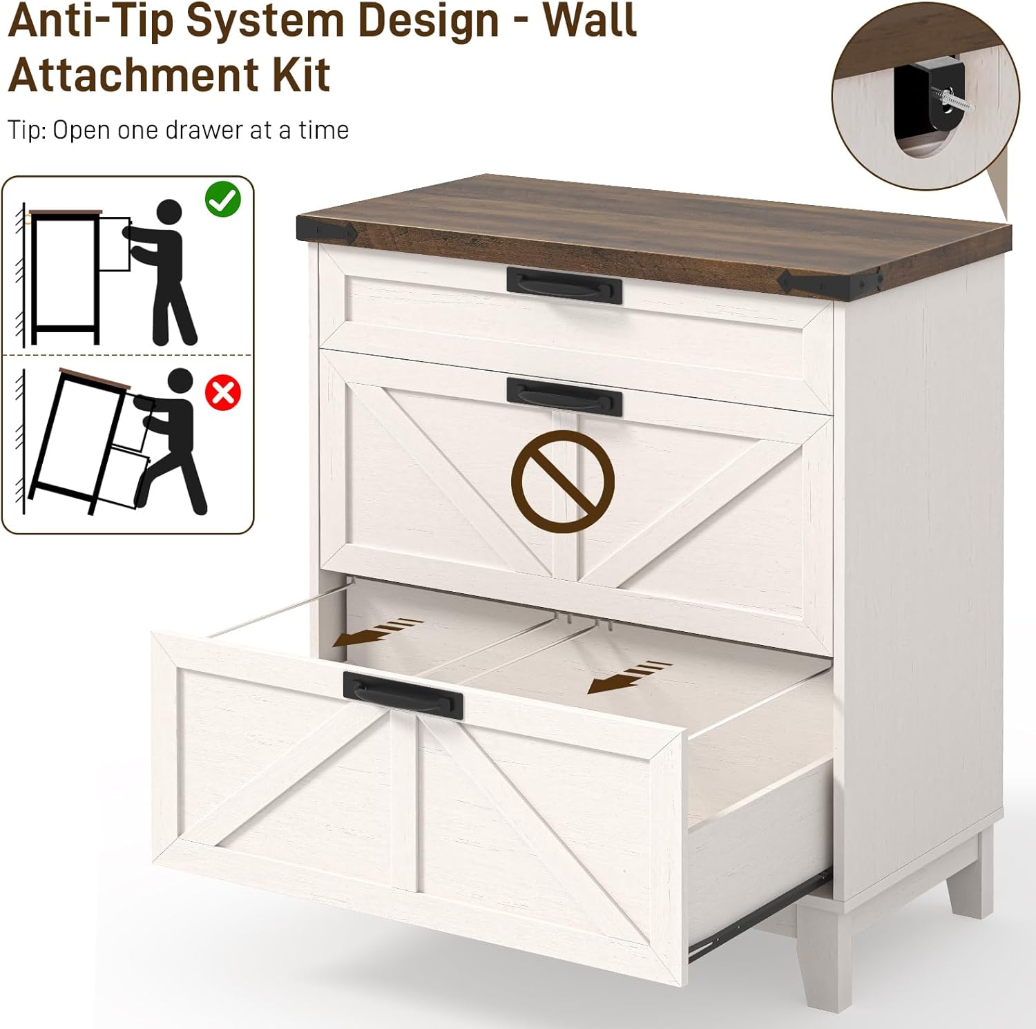 Vabches Lateral File Cabinet with 3 Drawers, Farmhouse File Cabinet for Legal/Letter/A4 Size Hanging Files, Large Wood Printer Stand Home Office, Rustic White