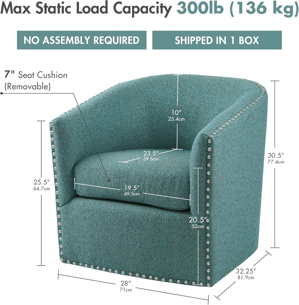 Madison Park Swivel Barrel Accent Chair, Upholstered Curved Back with 7-Inch Thick Woven Cushion, 360° Swivel, Nailhead Trim, Comfy Chair for Living Room, Bedroom, Office, 28" Wide, Teal, Tyler