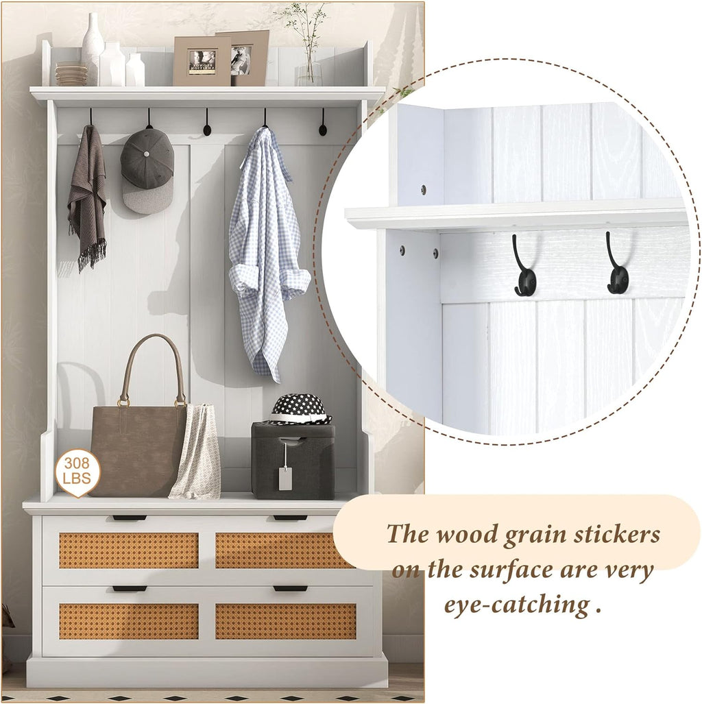 RUNNA Wooden Hall Tree with 5 Metal Hooks and 2 Large Drawers,Organizer with Bench,Top Shelves and Metal Handles,For Hallway Entryway Mudroom Use (White@Hooks)
