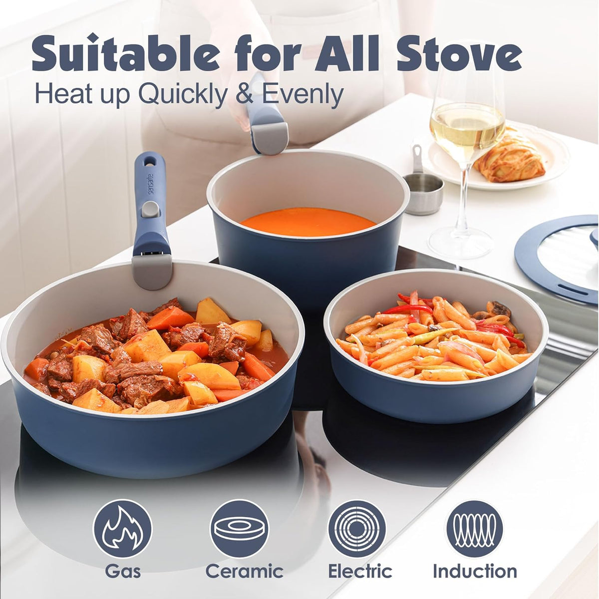 SENSARTE 24 Piece Ceramic Pots and Pans Set, Nonstick Detachable Handle Cookware, Induction Kitchen Cookware Set with Removable Handle, Healthy Non Stick for RV, Dishwasher＆Oven Safe, PFOA Free (Navy)