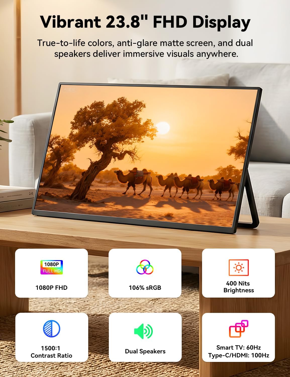 HotYeah Portable Smart TV, EDLA-Certified, 23.8" 1080P 2-in-1 Rolling TV & Monitor, w/Built-in 10000mAh Battery, Support Voice Control, USB-C & HDMI, 180° Adjustable Kickstand