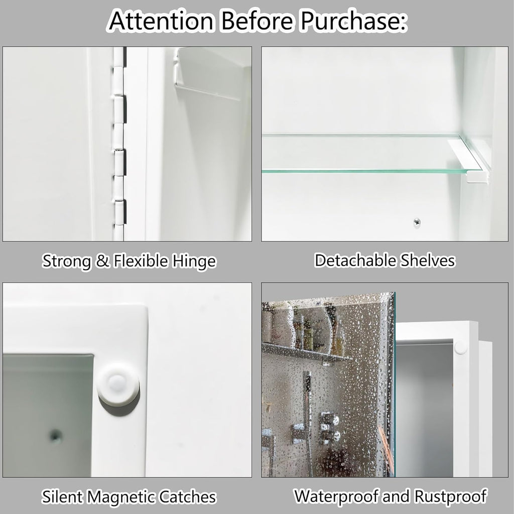 Bathroom Medicine Cabinet with 16x26 in Rectangular Beveled Frameless Mirror,Wall Mounted Mirror Cabinet for Bathroom Toilet Kitchen,Recess or Surface Mount,Already Assembly