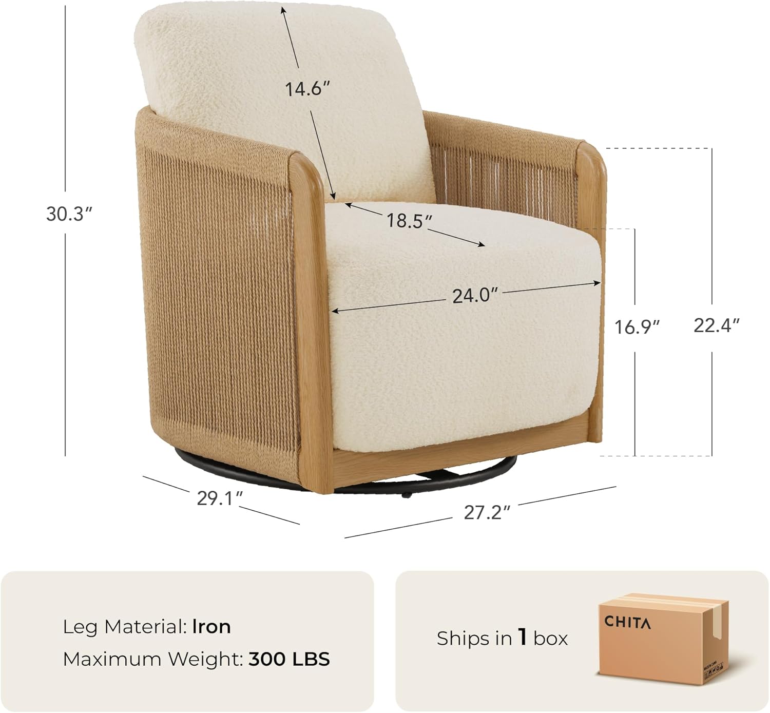 CHITA Braid Swivel Accent Chairs, Modern Comfy Armchair with Transfer-Printed Wood-Like Finish Metal Frame for Living Room and Bedroom, Boho Reading Chair, Cream