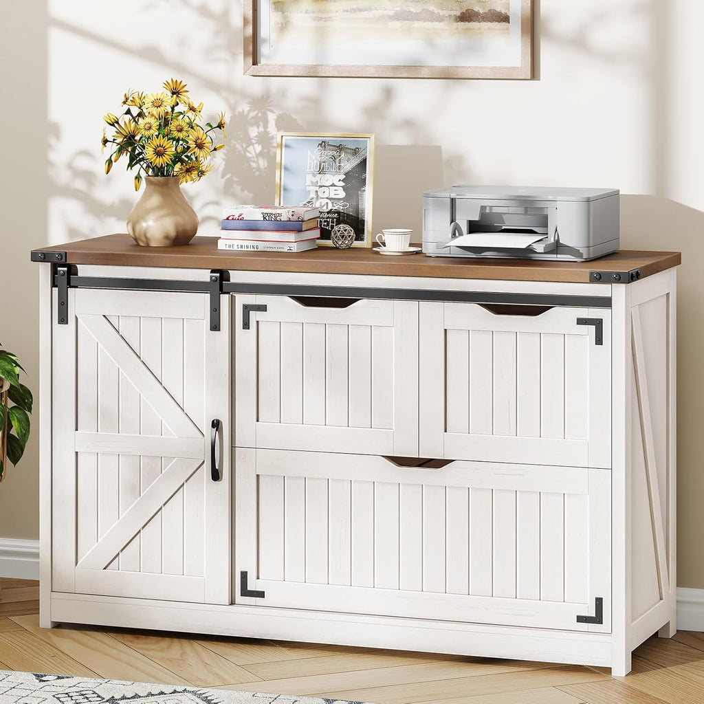 Halitaa 47.8” Farmhouse Lateral File Cabinet with Sliding Barn Door, 3 Drawers Filing Storage Cabinets with Adjustable Shelf, Office Printer Stand for Hanging Files Letter/Legal/A4/F4.Off White