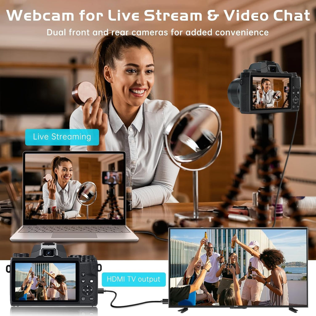 8K Digital Camera for Photography, WiFi & 4" Touch Screen Vlogging Camera for YouTube with Dual-Lens, 64MP Vlog Cameras 16X Digital Zoom with 32GB TF Card, 3000mAh Battery, Lens Hood, Black