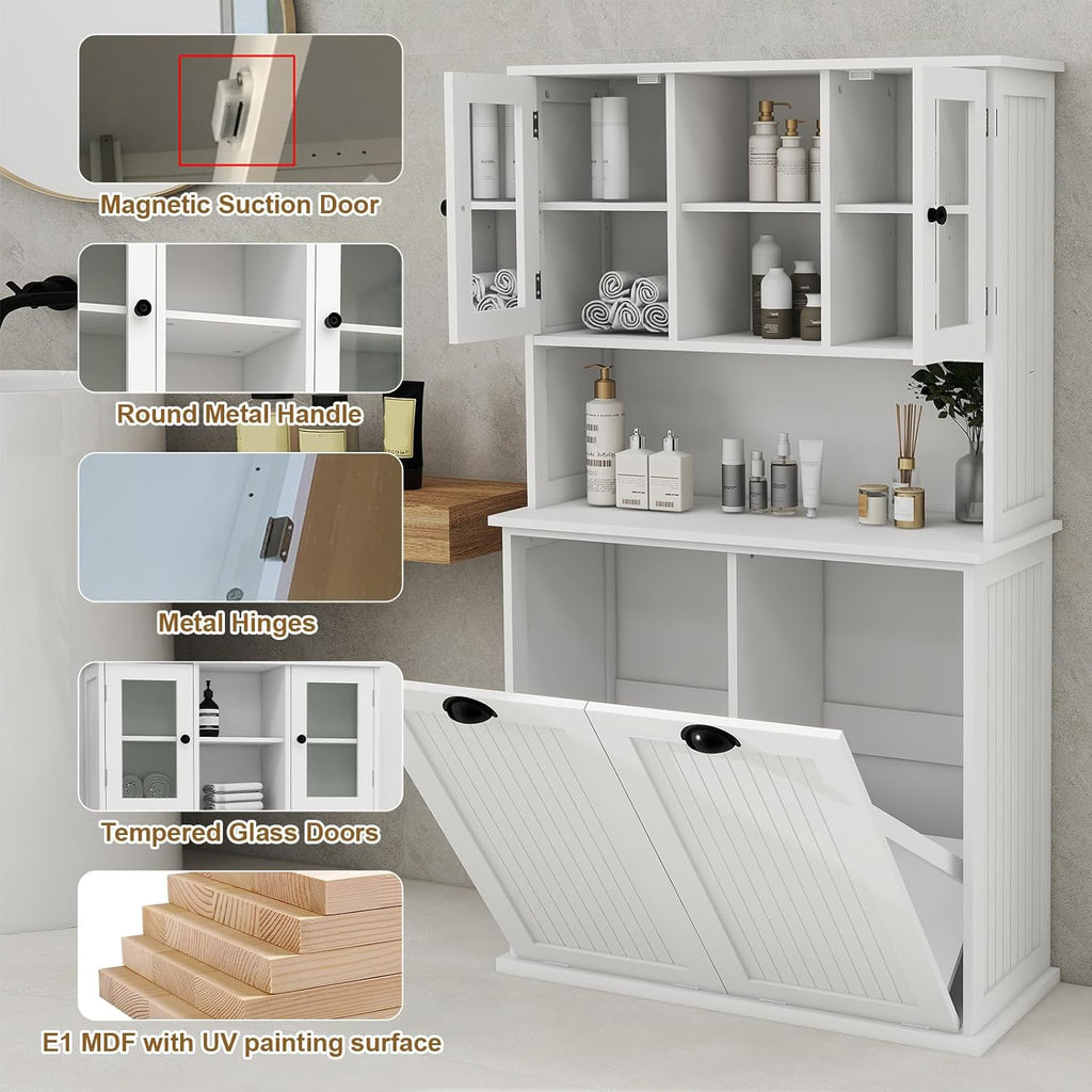Tilt-Out Laundry Hamper Cabinet with Glass Doors – 60” Tall Bathroom Storage Organizer, 2 Pull-Out Baskets, Adjustable Shelves, Fits Bathroom & Balcony (White)