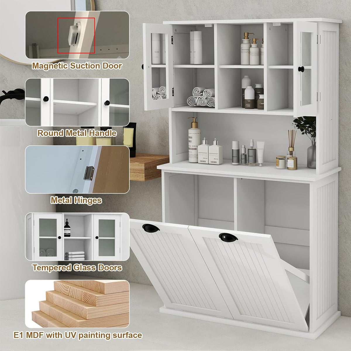 Tilt-Out Laundry Hamper Cabinet with Glass Doors – 60” Tall Bathroom Storage Organizer, 2 Pull-Out Baskets, Adjustable Shelves, Fits Bathroom & Balcony (White)