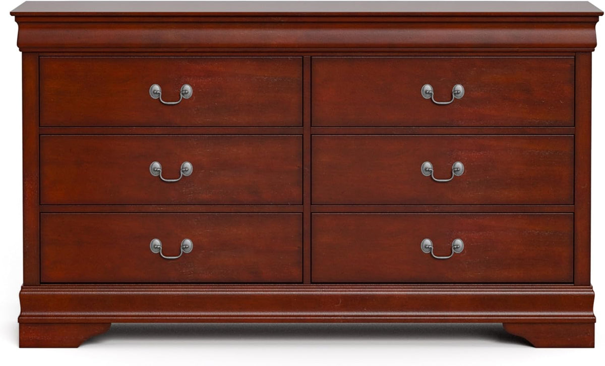 Furniture of America Arabella Traditional 6-Drawer Double Dresser with Antique Nickle Handles and Bracket Style Feet, No Assembly, Freestanding Storage Cabinetfor Bedroom, Living Room, Cherry