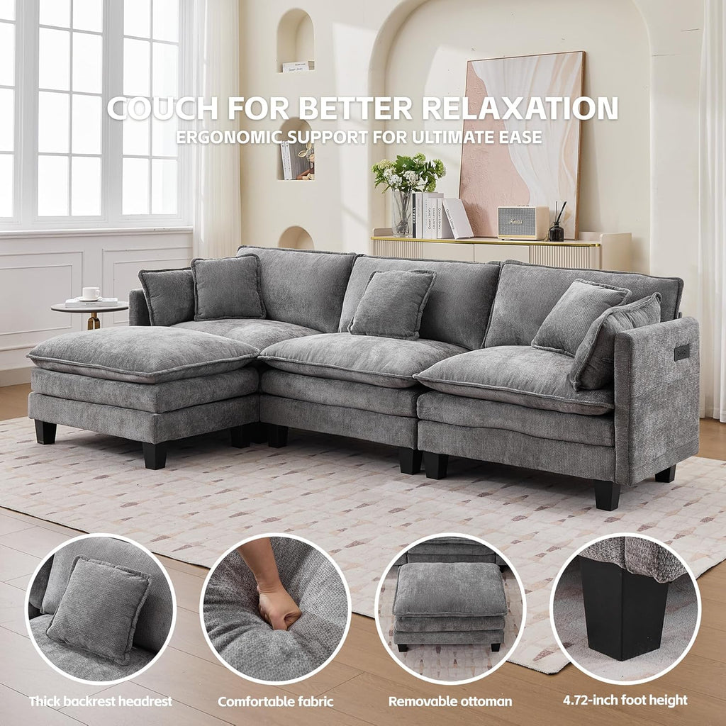 Opiesit Modular Sectional Sofa with Movable Ottoman, 110" 4-Seat Modern Couches for Living Room, Comfy L Shaped Couch Set with Deep Seat for Office and Apartment, Grey Chenille Fabric