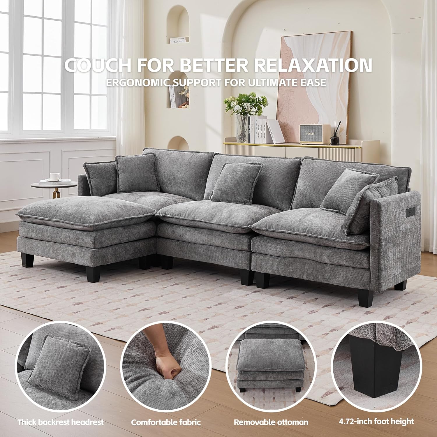 Opiesit Modular Sectional Sofa with Movable Ottoman, 110" 4-Seat Modern Couches for Living Room, Comfy L Shaped Couch Set with Deep Seat for Office and Apartment, Grey Chenille Fabric