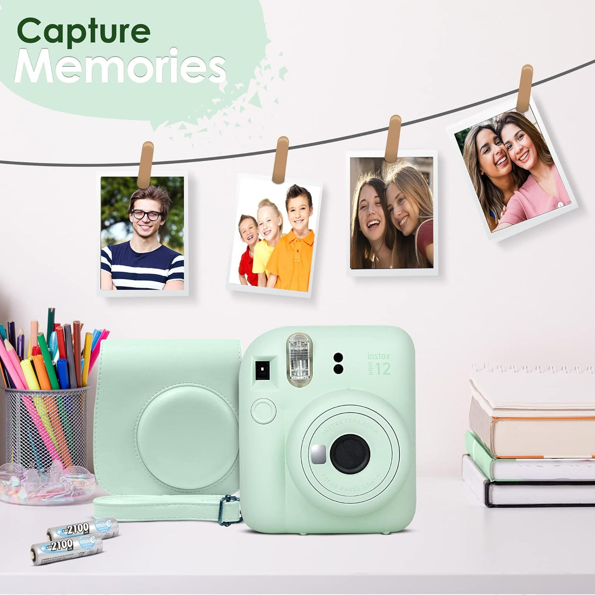 Fujifilm Instax Mini 12 Instant Camera Clay White and Fuji Film Value Pack (60 Sheets) Bundle with Sturdy Tiger Accessories, Carrying Case, Photo Album 64 Pockets
